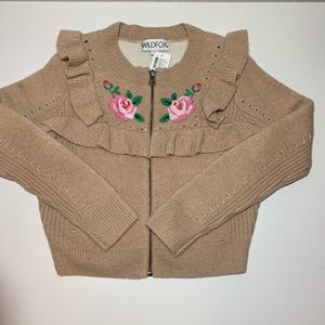 Wildfox Floral Embroidered Wool Zip Up Sweater S
